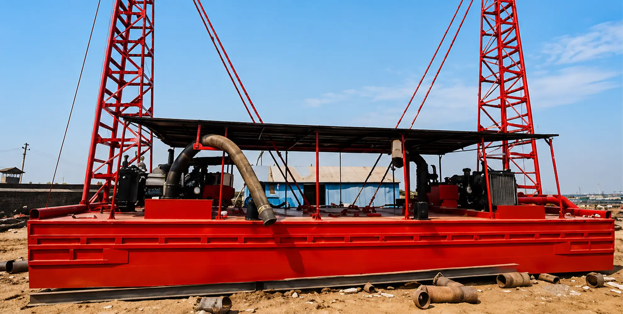 Heavy equipment yard prepared for industrial dredging and construction supply